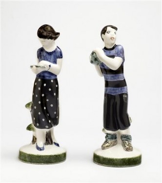 Rye Pottery Boy & Girl ht 21.5cm 8.25in Blue and Black