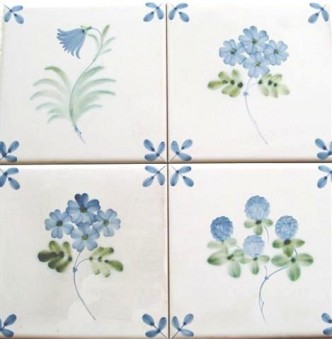Rye TIles Blue leaf corners & flowers, hand painted 6 inch tiles other volourways available