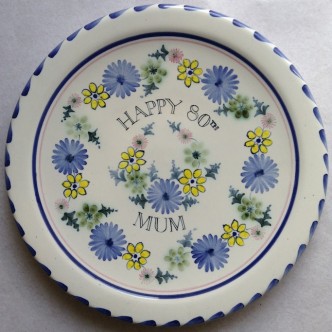 Hand made and hand painted 80ths Birthday plate in Floral Design by Rye Pottery Bespoke Personalised