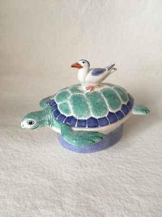 Turtle seagull gift Quirky Rye Pottery Hand made and painted Ceramic Animal Figures The Turtle Dish with seagull perched on the back. A dish