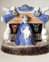 Rye Pottery Hand made and painted Pastoral Naive Ceramic Figures Small Naive Nativity Mary Joseph Jesus Sheep animals shepherds and angels
