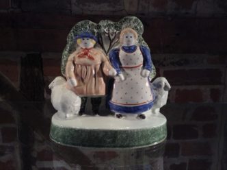 Rye Pottery Hand made and painted Pastoral Naive Ceramic Figures Small Shepherd Neame and his wife of Sussex English Farmer and his wife