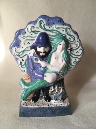 Rye Pottery Hand made and painted Seaside figure Fisherman's Tale Fisherman with Mermaid and Nets Starfish detail 5