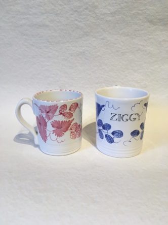 Rye Pottery Hand made and hand decorated childs mug Bespoke Hop Named in Blue and Pink