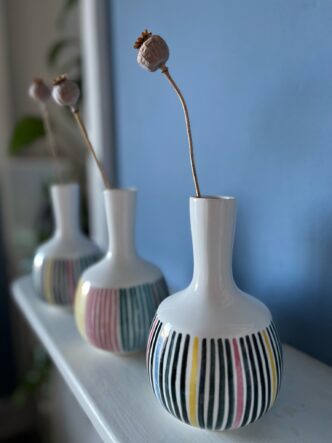Candy-Stripe-Vases-Hand-made-and-hand-painted-Rye-Pottery Black, Pink, Blue Green Sun Yellow