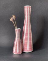 Rye Pottery Mid Century Modern Bud Vases Hand made and hand painted in Sun Blue Green Flamingo Pink and Denmark Green