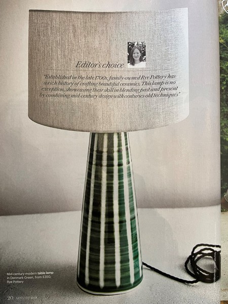 Country Living Magazine names Rye Pottery Denmark Green Cascade Table Lamp Editors Choice Mid century modern style hand made lamp base