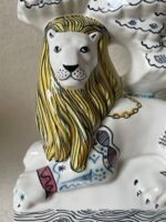 Hand made hand painted Ceramic Lion & Unicorn Bookends - Detail Lions Mane Delft pottery in pink yellow blue green and back inspired by tattoo art