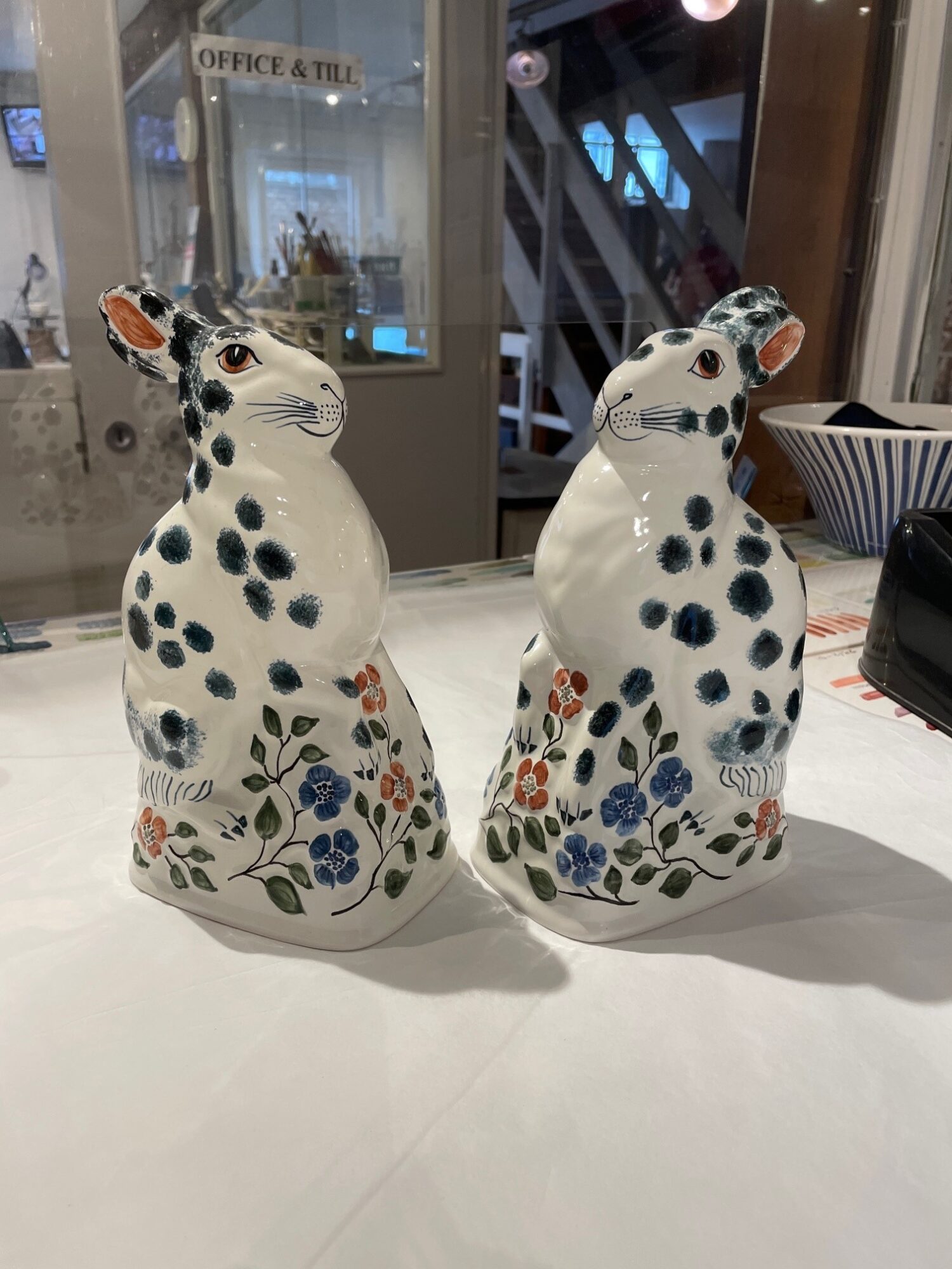 Rye Pottery hand-made & painted Rabbit - Black and White spotted traditional Delft Rabbit