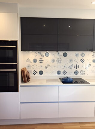 Rye Pottery hand-glazed & hand-painted Graphic mid-century modern inspired kitchen and bathroom tiles Blue Green Atomic Collection