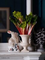 Rye Pottery The Rye Rabbit Ceramic Ornament Figurine Perfect for an Easter or Spring Tablescape or a mantlepiece as pictured here with a magnificent display of Rhubarb