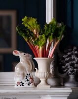 Rye Pottery The Rye Rabbit Ceramic Ornament Figurine Perfect for an Easter or Spring Tablescape or a mantlepiece as pictured here with a magnificent display of Rhubarb