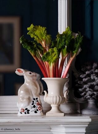 Rye Pottery The Rye Rabbit Ceramic Ornament Figurine Perfect for an Easter or Spring Tablescape or a mantlepiece as pictured here with a magnificent display of Rhubarb