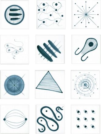 Rye Pottery hand glazed and hand painted Graphic Mid Century Modern Kitchen and bathroom Tiles Atomic Collection in soft Blue Green 26