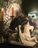 Rye Pottery hand made and painted dramatic Striking Unicorn figure black and white ornament scultpure figurine art On Dramatic Living Room Mantlepiece