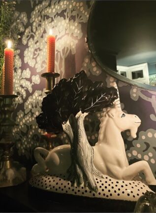 Rye Pottery hand made and painted dramatic Striking Unicorn figure black and white ornament scultpure figurine art On Dramatic Living Room Mantlepiece