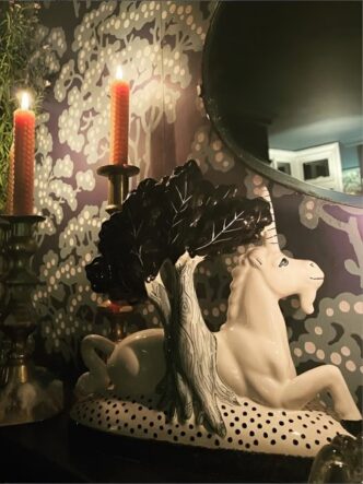 Rye Pottery hand made and painted dramatic Striking Unicorn figure black and white ornament scultpure figurine art On Dramatic Living Room Mantlepiece